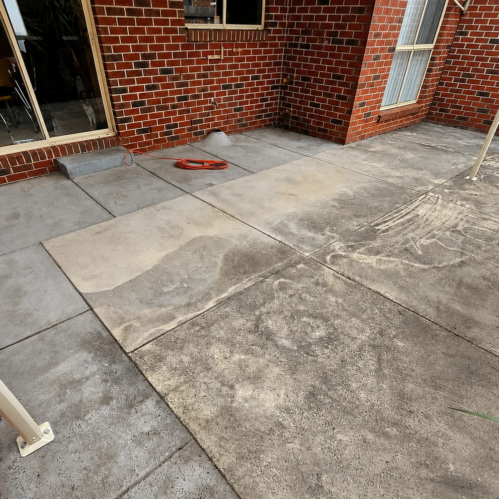 Stained patio concrete before resurfacing
